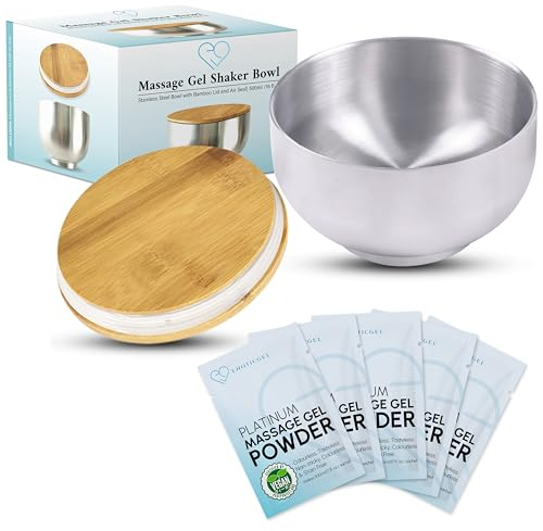 Nuru Platinum Massage Gel Powder Set | 5 x Massage Gel Powder 5g Beutel | 1 x Schale 500ml mit Bambusdeckel | Edelstahlschale