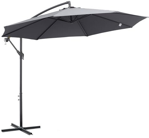 Outsunny 3(m) Garden Banana Parasol Cantilever Umbrella with Crank Handle, 8 Ribs and Cross Base for Outdoor, Hanging Sun Shade, Grey