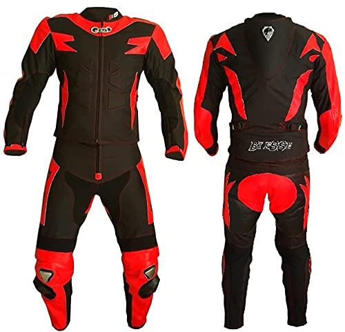 BI ESSE Combinaison de moto pour adulte en cuir et tissu, divisible en 2 pièces veste et pantalon, réglable (Noir/Rouge, 3XL)