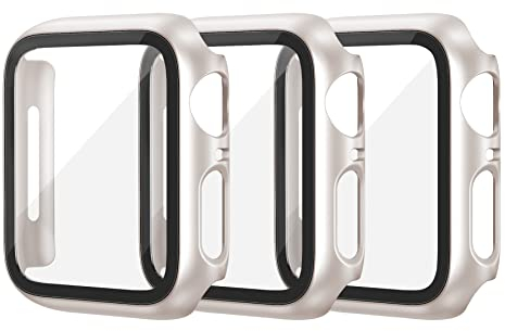 EDIMENS 3-Stück Hartes PC-Gehäuse mit Hartglas Glas Displayschutz Voller Ultradünner Puffer Schutzhülle Kompatibel mit Apple Watch Series 9 8 7 41mm für iWatch Frauen Männer, Sternenlicht