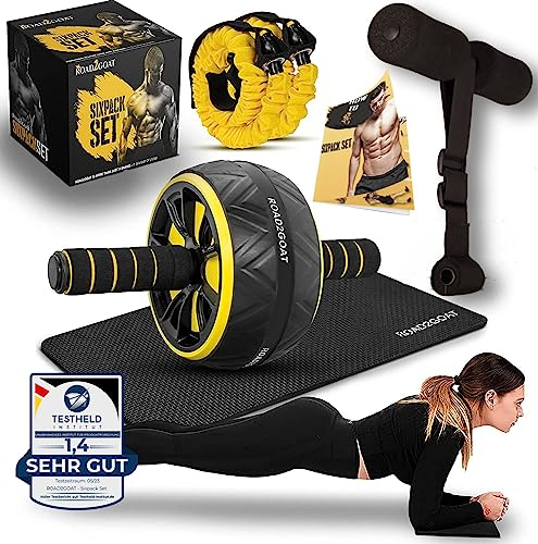 ROAD2GOAT® - [SIXPACK SET] - Bauchtrainer - Bauchmuskelset mit Kniematte - Bauchmuskeltrainer - Bauchroller - mit Widerstandsbänder - Sit Up Bar - Bauchtrainer für Zuhause