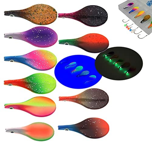 Njord Kalastus Inline Spoon Forelle in Box | UV Aktiv und Selbstleuchtende 3D Augen | Durchlaufblinker Forellenköder Inliner Spoon Inline Durchlauf Spoons Forelle Angel Set Spoon (2,8g, 10er Set)