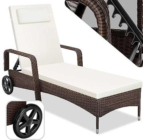 tectake® Chaise Longue Bain de Soleil en Resine Tressee Résistant Inclinable avec Roulettes Transat Salon de jardin exterieur Mobilier de Jardin Chaise Longue Piscine Plage - Marron Marbré