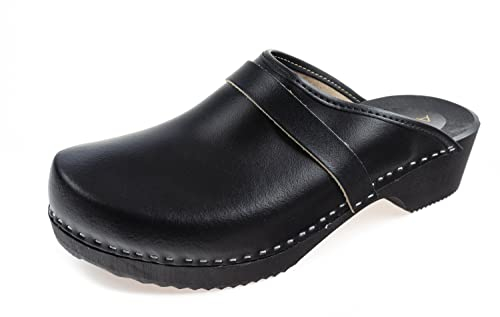 APREGGIO Herrenclogs aus Leder- Herren Lederclogs mit Holzsohle - Clogs mit Absatz - Gartenschuhe - Schwarz - Größe 44 EU