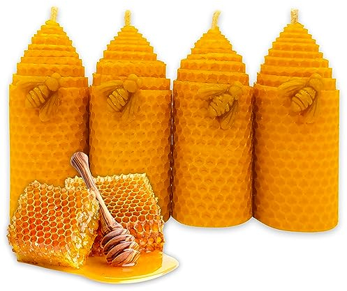 LAMARE Bienenwachskerze Honigwabe 100% Natürlich (4 Einheiten -11 cm Länge - 4 cm Durchmesser) - OHNE PARAFFINE - Honigkerzen - Handgefertigt 100% Handwerklich.