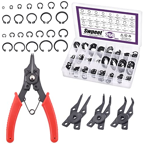 Swpeet 262 Stück 4-in-1 Sprengringzange mit 6 Größen 4 mm bis 30 mm Legierung Stahl Außen-Halterungsringe Interner Sicherungsring Schnapphalter Clip Ring Sortiment Kit