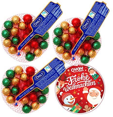 3x 84g bunte Schokokugeln aus Milchschokolade I ca. 45 Stück I Fair Trade Kakao I Ideal als Weihnachtsteller und Adventskalender Füllung, für Nikolaus Geschenke I mit OYOY Weihnachtssticker