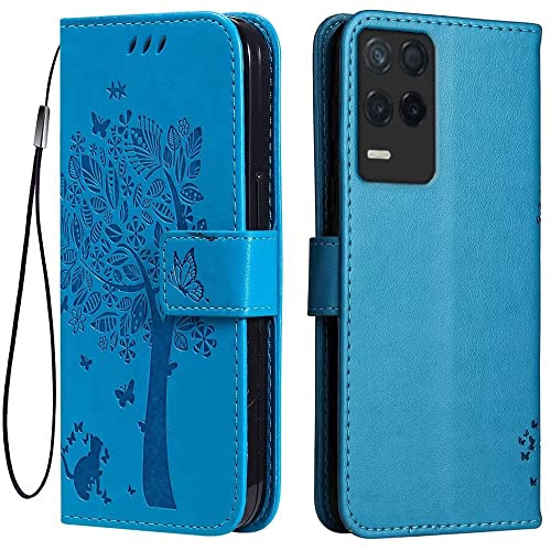 Topme Leder Tasche Hülle für Realme 8 5G / Realme Narzo 30 5G (6.5 Inches), [Katzen- Und Baummuster-Stil Handytasche] - Blau