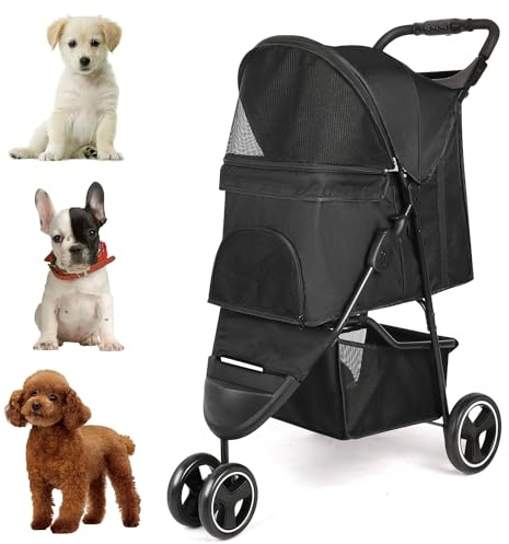 Zevcri Dog Pram for Small Dogs Easy Fold Cats Travel Pet Dog Stroller Foldable Dog Carriers for Medium Dogs Pushchair Buggy Wagon Trolley with 3 Rubber Wheels Storage Basket, Black (Black)