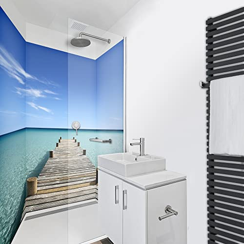 WANDFREUDE individuelle Duschrückwand Aluverbundplatte auf Maß (3 Stück - Steg ins Meer - Premium Brillant Lack) – Dusche Wandverkleidung Duschwandverkleidung Duschrückwände