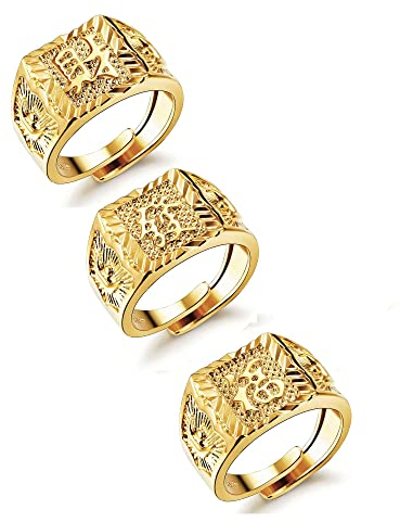 JeryWe 3pcs Edelstahl Ringe Set Herren Vergoldet Reich/Glück/Reichtum Band Siegelring Bandring Offener Daumen Fingerring Hochzeitsring