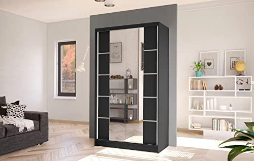 Easy Sofas and Wardrobes - Sliding 2 Doors Wardrobe Diego V 100 cm - Mirror - Bedroom Furniture Set with Clothes Rail - Storage - Color: Black