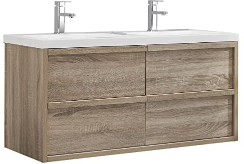 Vente-unique-Mueble de baño Flotante con Lavabo encastrable - Color Natural Claro - 120 cm - QUADRA