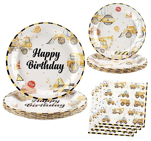 hpnparty Baustelle Partygeschirr Geburtstag Deko Set für 25 Gäste, 75 Stück Bagger pappteller Geburtstagsdeko Baustelle Kindergeburtstag Junge Party set