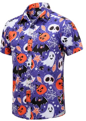 GRTXIN Halloween-Shirts für Herren, Kürbisse, Skelett-Shirt, kurzärmelig, Button-Down-Kleid-Shirts, Violett, Mittel