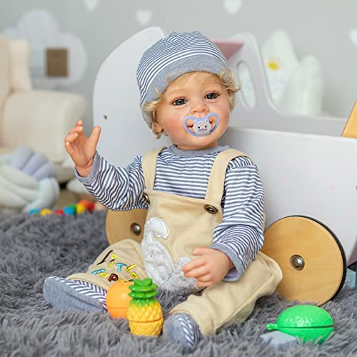 MineeQu 22 Zoll Wurzel Haar lebensechte wiedergeborene Babypuppe aus Silikon Vinyl Ganzkörper anatomisch korrekte Neugeborene realistisch lächelnde Kleinkind Jungenpuppen mit Zähnen die echt Aussehen