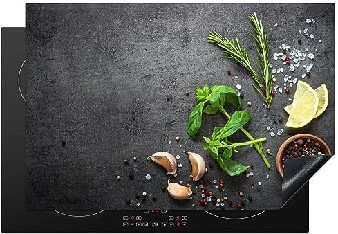KitchenYeah© Herdabdeckplatte Einteilig Ceranfeld Abdeckplatte für | 77x51 cm - Induktionsschutz Ceranfeldabdeckung Vinyl Herdabdeckplatten Limette - Kräuter - Gewürze - Grün - Beton