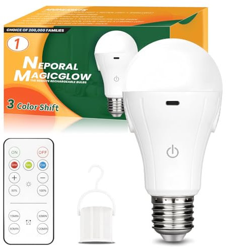 Neporal MagicGlow Rechargeable Light Bulbs with Remote, 3 Color Shift + Dimmable Battery Powered Light Bulbs, USB Rechargeable, A19 Emergency LED Light Bulb, 15W (3000-6000K, Count, 1)