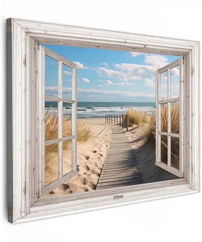 MuchoWow© Cuadros para Salon 70x50 cm Foto con Lienzo Canvas Laminas Cuadro Dormitorio Decoracion Hogar Pared Quadro Ventana - Mar - Costa - Naturaleza - Vista - Playa - Mar de Wadden