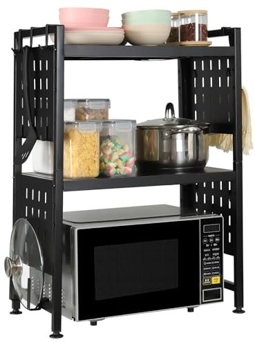 loyalKBS Mikrowellen-Regal mit 3 Ebenen, ausziehbar, verstellbarer Mikrowellenständer für Küche, Theke, Regal, Organizer mit 4 Haken und Topfdeckelhalter, Schwarz