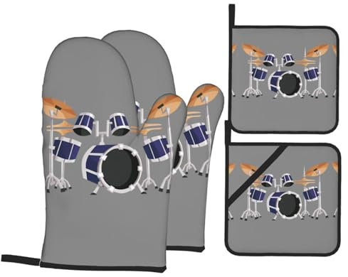 Trukd Jazz Drum Ofenhandschuhe, 2 Handschuhe und 2 Topflappen, für Küche, Mikrowelle, Grill, hitzebeständig