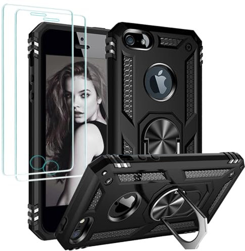 Jeylly for iPhone SE 2016/5/5s Case with [2 Pack] Screen Protector Rotate Ring Kickstand, Military Grade Shockproof Protective Cover for iPhone 5/5s/SE 2016, Black
