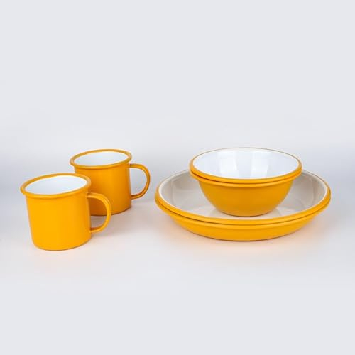 Lost & Found 6 Piece Premium Enamel Set for Two | Bowl Deep Dish Plate Mug | Outdoor Camping Hiking Vanlife Enamelware Dining Mess Kit (Campfire Yellow)