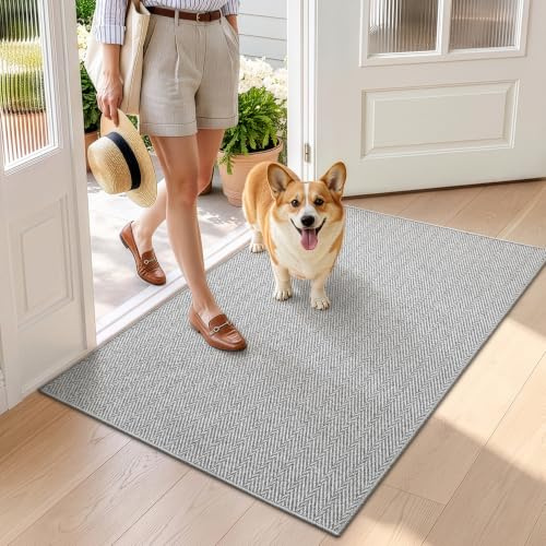 LUMI Ultra Thin Indoor Door Mat for Entrance 32x48, Non Slip Entryway Mat, Low Profile Doormat, Unique Herringbone Design Carpet for Inside, Patio, Porch, Gray