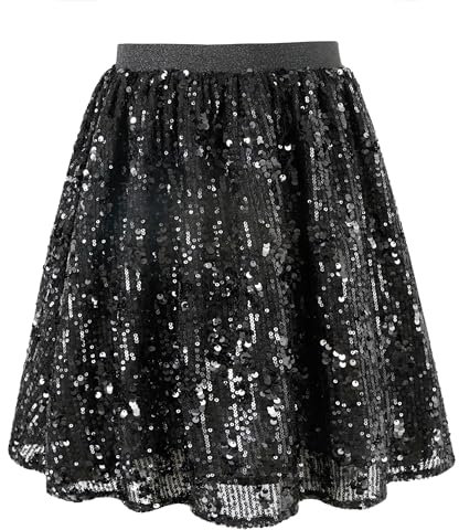 Rolanko Mädchen Pailletten Rock Elastischer Bund Funkelnde Glitzer Plissee Skorts mit Futter für Kinder Tanz Prinzessinnen Geburtstagsparty, Schwarz, 10-11 Jahre/150