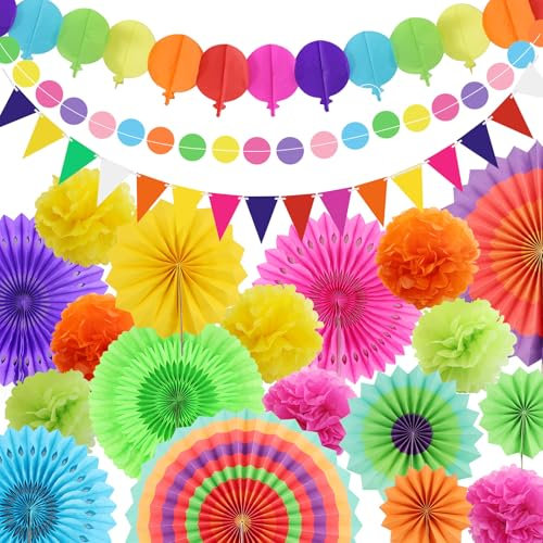 Party Decorations, Multicolored Paper Pompoms Fan Garlands for Mexican Party Cinco De Mayo Luau Event Birthday Holi Decorations Colorful Rainbow Party Supplies