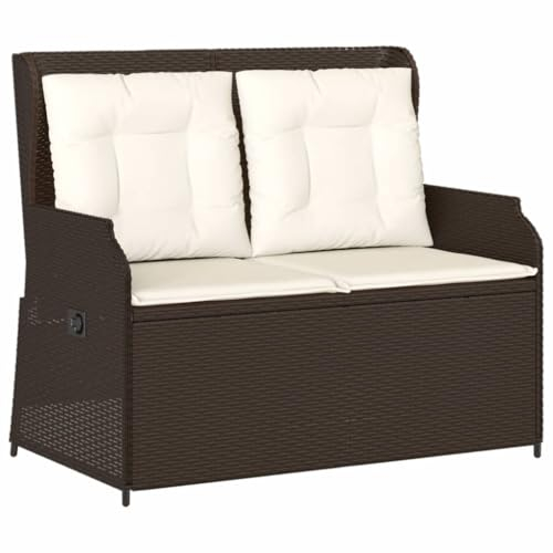 vidaXL Gartenbank, Sitzbank mit Kissen Verstellbare Rückenlehne, Bank Stahlrahmen für Garten Terrasse, Parkbank Gartenmöbel, Braun Poly Rattan