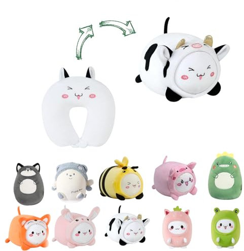 JOYRAVO Cuscino da viaggio per bambini, 2 in 1, deformabile, morbido cuscino a forma di U con simpatici animali di peluche, comodo compagno di sonno e gioco per aerei e viaggi (mucca QQ)