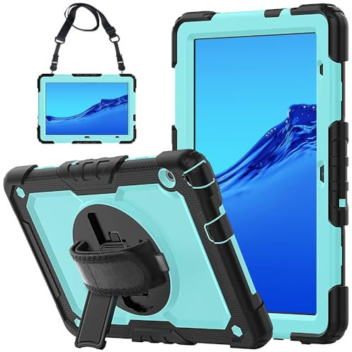 Funda para Huawei MediaPad T5 (10.1 pulgadas) con protector de pantalla de grado militar a prueba de golpes resistente con correa de mano y correa de hombro (negro + L azul)
