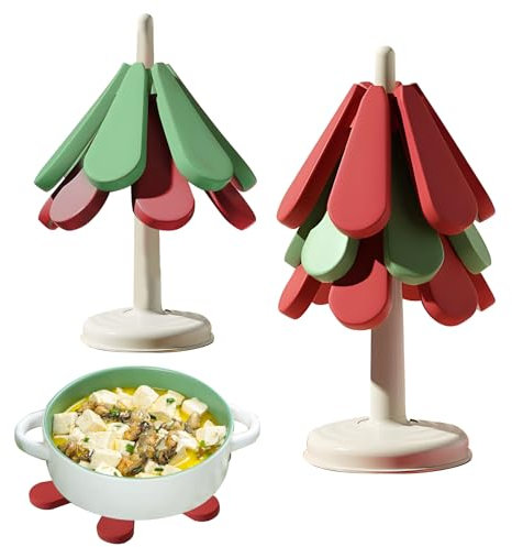 SWTHM 2 x Silikon-Weihnachtsbaum-Trivets, faltbar, Kochplattenschutz, Untersetzer, Tisch-Isoliermatten-Set, heiße Gerichte, Platzset für Tisch-Arbeitsplatte