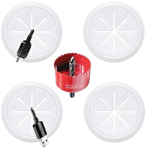 4 Pack TV Wire Hider for Wall, 1.97 Inch (50mm Hole) Cord Hider in Wall Cable Management Kit, Includes 4 Pass Throughs and 1 Hole Saw Drill Attachment Easy to Install