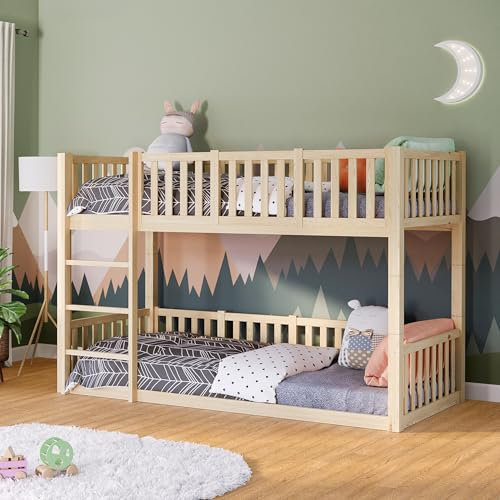 Bellabino Etagenbett Erie 90x200 cm, Hochbett umbaubar in 2 Kinderbetten 90x200 mit Lattenrost und Rausfallschutz, aus Kiefer Massivholz, Natur
