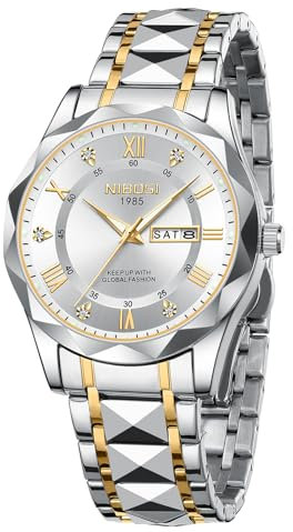 NIBOSI Armbanduhr Herren Uhren Analog Quarz Edelstahl Wasserdicht Armbanduhr Herren Business Casual Designer Uhr für Männer (Gold White)