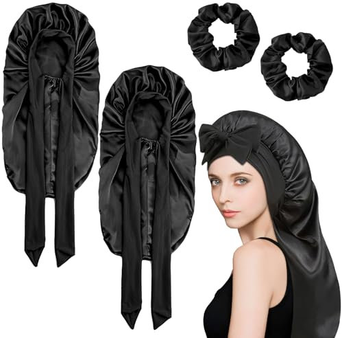 2pcs Bonnet Sleep Cap und 2pcs Haargummi Schwarz , Seidenhaube Zum Schlafen Lange Haare Haar Haube Zum Schlafen Seiden Haarhaube für Die Nacht Seidenhaube Haare Schlafhaube Seide Lange Haare SchüTzen