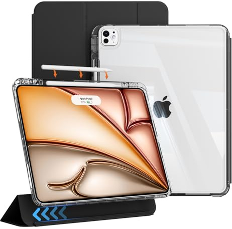 ZKTUYU Coque pour iPad Air 13 Pouces M4/M3/M2 (2026/2025/2024), iPad Pro 12,9 Pouces 6ème/5ème Génération (2022/2021) avec Porte-Pencil, Étui Coulissant Détachable 2-en-1 à Trois Volets, Noir