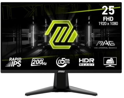 MSI mag 255F E20 63.5 cm 1920 x 1080 (FHD) Monitor para Juegos, 200 Hz, sincronización adaptativa, HDMI, DisplayPort, Montaje VESA, inclinación, Altura Ajustable, Altavoz, 0,5 ms, Negro