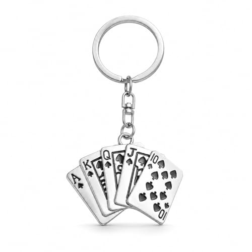 YIQPKUM Niedlicher Royal Flush Poker Spielkarten Schlüsselanhänger Versilbertes Schlüsselband Geschenk für Taschen Autoschlüssel Casino Spiel Charm (Versilbert)