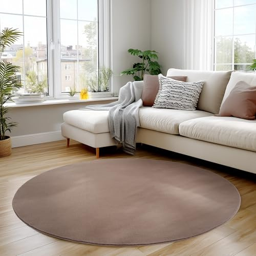 Carpettex Runder Teppich Braun 120 cm- Kurzflor Teppich Waschbar, rund, weich & rutschfest, modern einfarbiges Design für Wohnzimmer, Küche Schlafzimmer, & Kinderzimmer