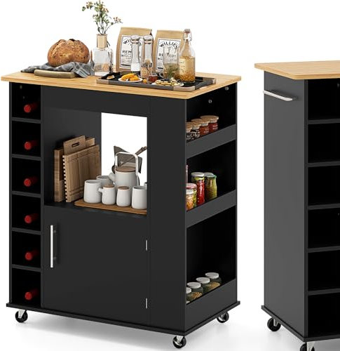 KOMFOTTEU Desserte à roulettes avec Armoire à Porte & Casiers à Vin, Chariot de Service avec Tiroir & Porte-Serviettes, Desserte de Cuisine, pour Salle à Manger, Bar, 76 x 44 x 89 cm (Noir)