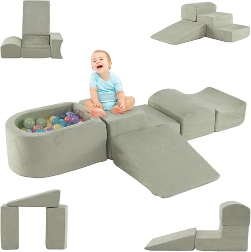 DREAMADE 5 TLG. Softbausteine, Riesenbausteine mit Bällebad & waschbarem Bezug, Großbausteine aus Schaumstoff, Kletterblöcke zum Toben & Klettern für Kleinkinder (Grün)
