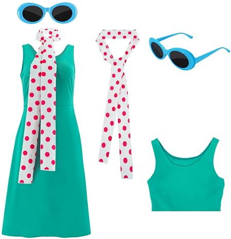 Voslett Lucy Wilde Kostüm für Damen, gepunkteter Schal, blauer Rahmen, Brille, Halloween, Karneval, Events, Party, Cosplay-Outfit