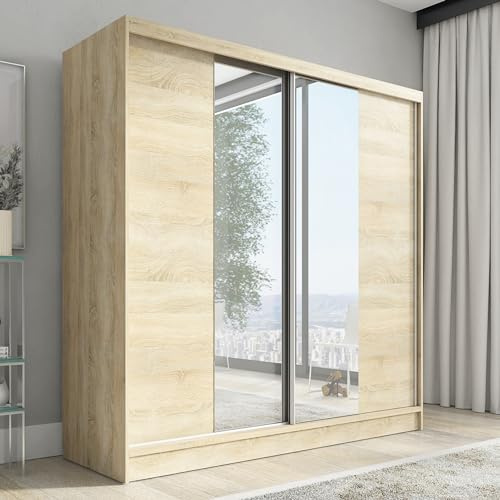 A&J MöbelLand Schwebetürenschrank Solo Kleiderschrank 2-türig mit Spiegel Garderobenschrank 200 cm (Sonoma)