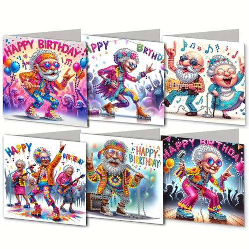 Diamond Painting Karten Set, 6 Stück Geburtstag Diamant Malerei Karten, DIY Handgemachtes5D Diamant Malerei Grußkarte für Oma Opa Freundin Freunde Einzigartiges Geschenk zum Geburtstag Rentner