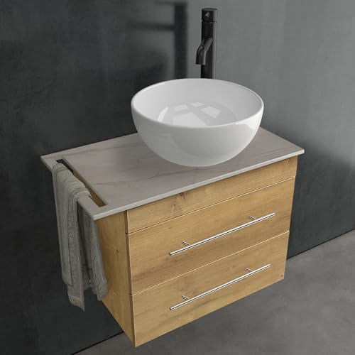 Alpenberger Aufsatzwaschbecken mit Unterschrank 60 cm Breit | Gäste WC Waschbecken mit Unterschrank | Badmöbel Set mit Keramik Waschtischplatte (Eiche Natur mit Montblanc Platte, ohne Spiegel)