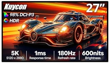 Kuycon P27Z 27 inch FHD (5120x2880) Gaming Monitor, Glossy, 5K 180Hz 2K 330Hz Dual Mode, Built-in 6 speakers, 1ms, HDR, IPS, 1.07 Billion Colors, 99% sRGB, 1500:1 Contrast (Honeycomb - without Stand)