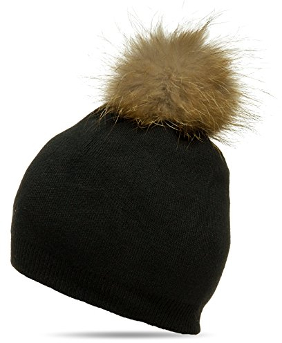 Caspar MU147 Damen Feinstrick Mütze Bommelmütze mit XL Fellbommel, Farbe:schwarz, Größe:One Size